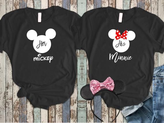 DISNEY His Hers Couple Mickey & Minnie CUSTOM Face Disneyland Disneyworld family trip vacation matching shirts with custom names personalized